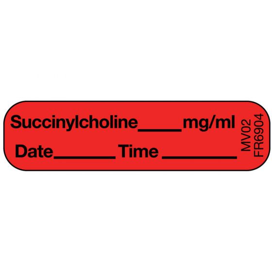 Label Paper Permanent Succinylcholine, 1" Core, 1 7/16" x 3/8", Fl. Red, 666 per Roll