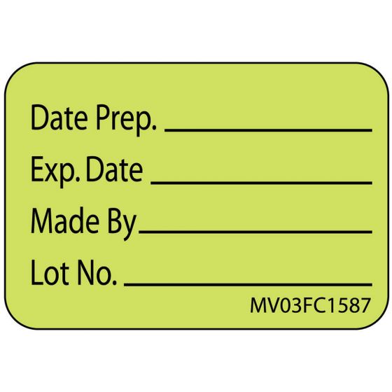 Label Paper Removable Date Prep. Exp. Date, 1" Core, 1 7/16" x 1", Fl. Green, 666 per Roll