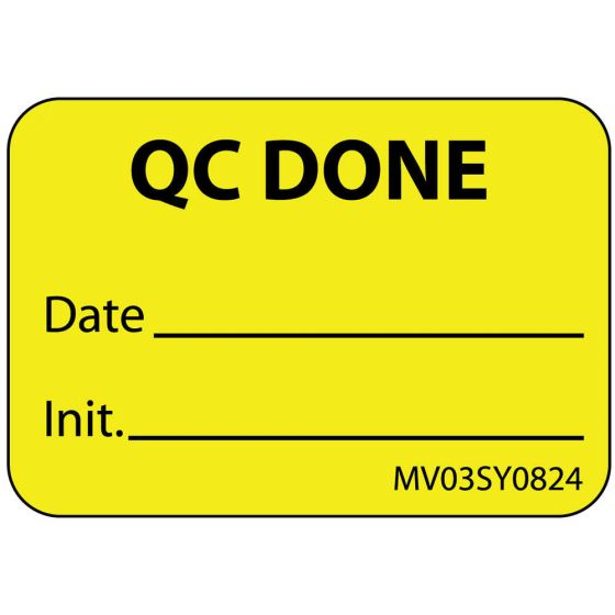 Label Paper Permanent QC DONE Date Init., 1" Core, 1 7/16" x 1", Yellow, 666 per Roll