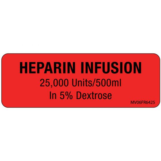 Label Paper Permanent Heparin Infusion 1" Core 2 15/16"x1 Fl. Red 333 per Roll