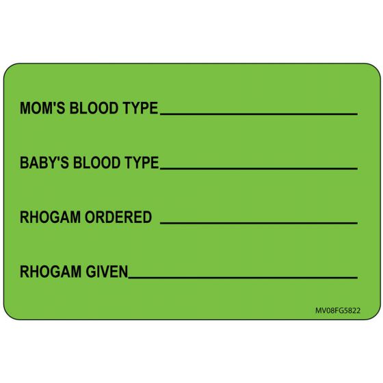 Label Paper Removable Moms Blood Type, 1" Core, 2" 15/16" x 2, Fl. Green, 333 per Roll