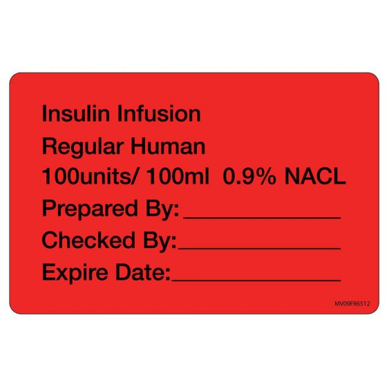 Label Paper Permanent Insulin Infusion, 1" Core, 4" x 2 5/8", Fl. Red, 375 per Roll