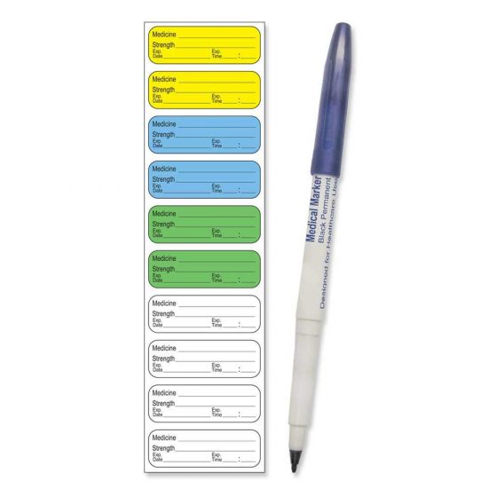 STERILE LABEL WITH PEN SYNTHETIC PERMANENT 1 1/2" X 1/2" MULTI-COLOR 10 PER SHEET, 100 SHEETS PER BOX