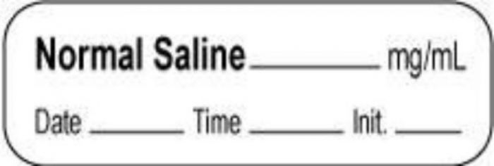 Anesthesia Label with Date, Time & Initial | Tall-Man Lettering (Paper, Permanent) Normal Saline mg/ml 1 1/2" x 1/2" White - 1000 per Roll