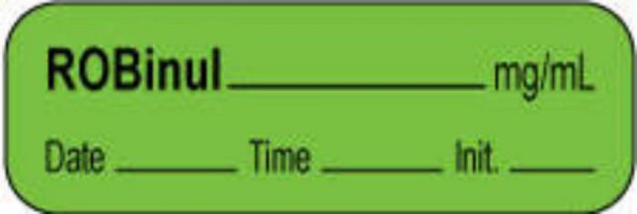 Anesthesia Label with Date, Time & Initial | Tall-Man Lettering (Paper, Permanent) Robinul mg/ml 1 1/2" x 1/2" Green - 1000 per Roll