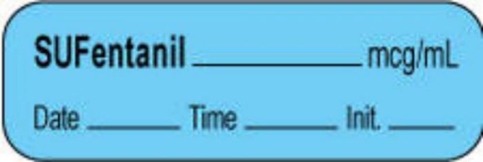 Anesthesia Label with Date, Time & Initial | Tall-Man Lettering (Paper, Permanent) Sufentanil mcg/ml 1 1/2" x 1/2" Blue - 1000 per Roll