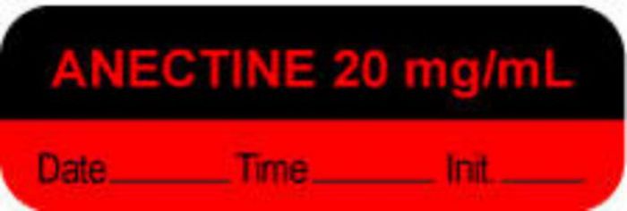 Anesthesia Label with Date, Time & Initial (Paper, Permanent) "Anectine 20 mg/ml" 1 1/2" x 1/2" Fluorescent Red and Black - 1000 per Roll