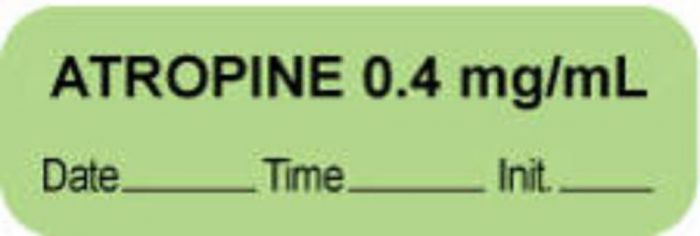 Anesthesia Label with Date, Time & Initial (Paper, Permanent) "Atropine 0.4 mg/ml" 1 1/2" x 1/2" Green - 1000 per Roll