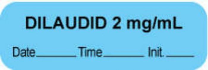 Anesthesia Label with Date, Time & Initial (Paper, Permanent) "Dilaudid 2 mg/ml" 1 1/2" x 1/2" Blue - 1000 per Roll