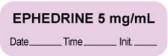 Anesthesia Label with Date, Time & Initial (Paper, Permanent) "Ephedrine 5 mg/ml" 1 1/2" x 1/2" Violet - 1000 per Roll