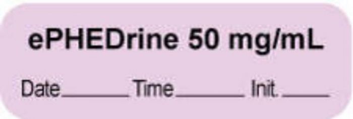 Anesthesia Label with Date, Time & Initial | Tall-Man Lettering (Paper, Permanent) "Ephedrine 50 mg/ml" 1 1/2" x 1/2" Violet - 1000 per Roll