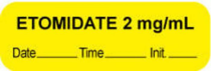 Anesthesia Label with Date, Time & Initial (Paper, Permanent) "Etomidate 2 mg/ml" 1 1/2" x 1/2" Yellow - 1000 per Roll