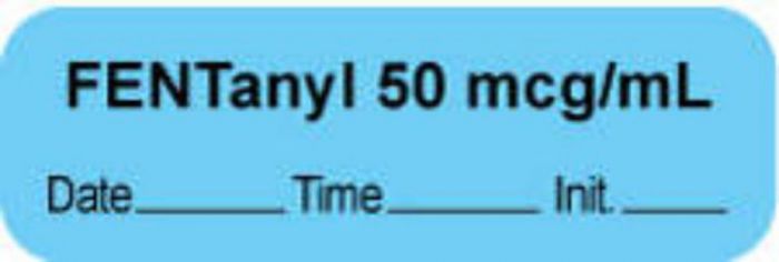 Anesthesia Label with Date, Time & Initial | Tall-Man Lettering (Paper, Permanent) "Fentanyl 50 mcg/ml" 1 1/2" x 1/2" Blue - 1000 per Roll