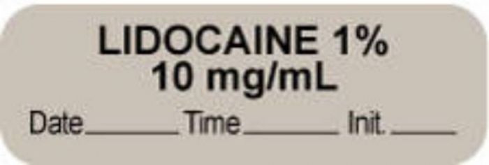 Anesthesia Label with Date, Time & Initial (Paper, Permanent) "Lidocaine 1% 10 mg/ml" 1 1/2" x 1/2" Gray - 1000 per Roll