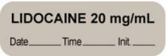 Anesthesia Label with Date, Time & Initial (Paper, Permanent) "Lidocaine 20 mg/ml" 1 1/2" x 1/2" Gray - 1000 per Roll