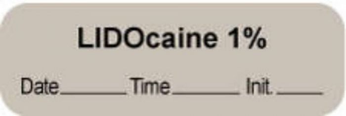 Anesthesia Label with Date, Time & Initial | Tall-Man Lettering (Paper, Permanent) "Lidocaine 1%" 1 1/2" x 1/2" Gray - 1000 per Roll