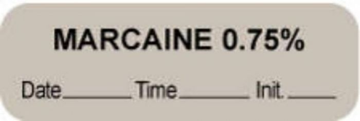 Anesthesia Label with Date, Time & Initial (Paper, Permanent) "Marcaine 0.75%" 1 1/2" x 1/2" Gray - 1000 per Roll