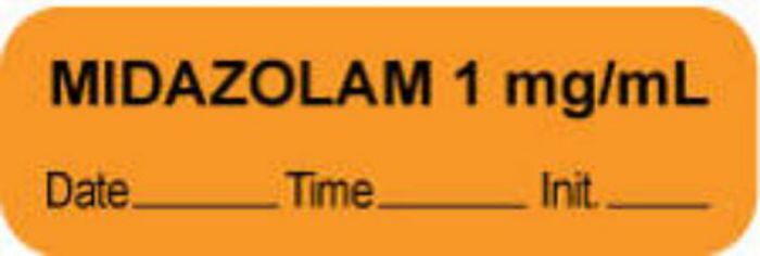 Anesthesia Label with Date, Time & Initial (Paper, Permanent) "Midazolam 1 mg/ml" 1 1/2" x 1/2" Orange - 1000 per Roll