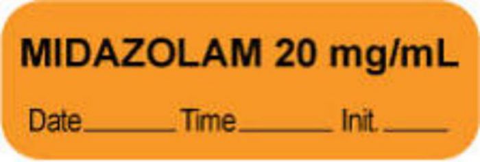 Anesthesia Label with Date, Time & Initial (Paper, Permanent) "Midazolam 20 mg/ml" 1 1/2" x 1/2" Orange - 1000 per Roll