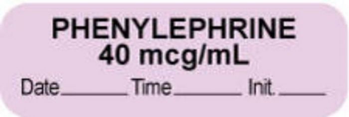 Anesthesia Label with Date, Time & Initial (Paper, Permanent) "Phenylephrine 40 mcg" 1 1/2" x 1/2" Violet - 1000 per Roll