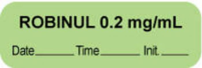 Anesthesia Label with Date, Time & Initial (Paper, Permanent) "Robinul 0.2 mg/ml" 1 1/2" x 1/2" Green - 1000 per Roll