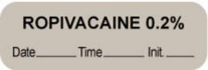 Anesthesia Label with Date, Time & Initial (Paper, Permanent) "Ropivacaine 0.2%" 1 1/2" x 1/2" Gray - 1000 per Roll