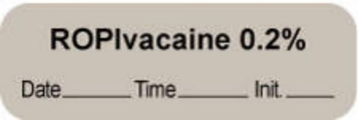 Anesthesia Label with Date, Time & Initial | Tall-Man Lettering (Paper, Permanent) "Ropivacaine 0.2%" 1 1/2" x 1/2" Gray - 1000 per Roll