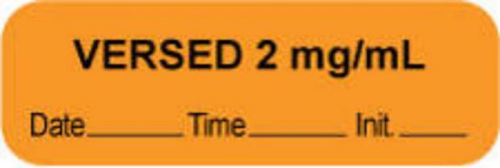 Anesthesia Label with Date, Time & Initial (Paper, Permanent) "Versed 2 mg/ml" 1 1/2" x 1/2" Orange - 1000 per Roll