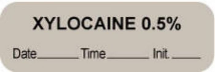 Anesthesia Label with Date, Time & Initial (Paper, Permanent) "Xylocaine 0.5%" 1 1/2" x 1/2" Gray - 1000 per Roll