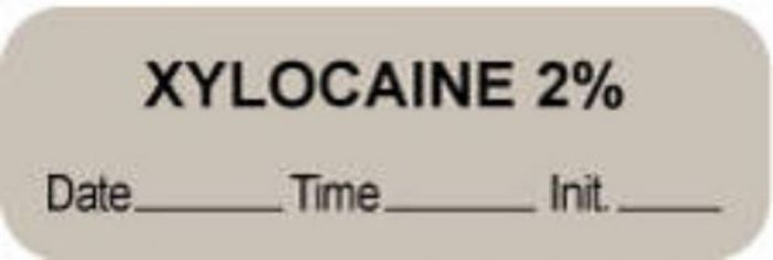 Anesthesia Label with Date, Time & Initial (Paper, Permanent) "Xylocaine 2%" 1 1/2" x 1/2" Gray - 1000 per Roll