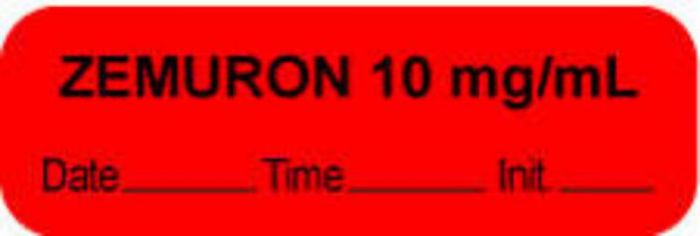 Anesthesia Label with Date, Time & Initial (Paper, Permanent) "Zemuron 10 mg/ml" 1 1/2" x 1/2" Fluorescent Red - 1000 per Roll