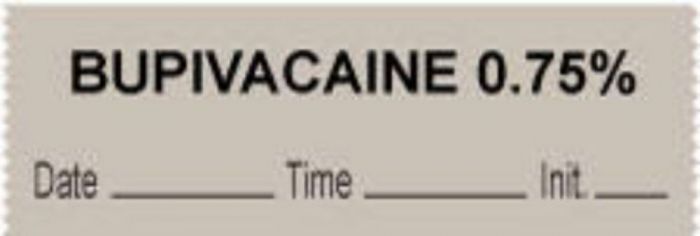 Anesthesia Tape with Date, Time & Initial (Removable) "Bupivacaine 0.75%" 1/2" x 500" Gray - 333 Imprints - 500 Inches per Roll