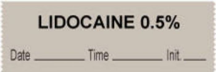 Anesthesia Tape with Date, Time & Initial (Removable) "Lidocaine 0.5%" 1/2" x 500" Gray - 333 Imprints - 500 Inches per Roll