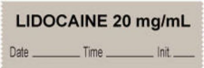 Anesthesia Tape with Date, Time & Initial (Removable) "Lidocaine 20 mg/ml" 1/2" x 500" Gray - 333 Imprints - 500 Inches per Roll