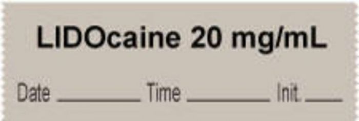 Anesthesia Tape with Date, Time & Initial | Tall-Man Lettering (Removable) "Lidocaine 20 mg/ml" 1/2" x 500" Gray - 333 Imprints - 500 Inches per Roll