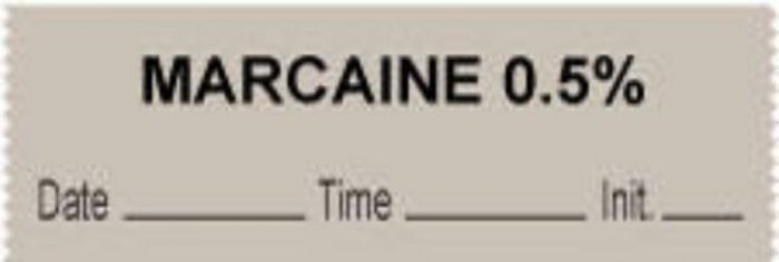 Anesthesia Tape with Date, Time & Initial (Removable) "Marcaine 0.5%" 1/2" x 500" Gray - 333 Imprints - 500 Inches per Roll