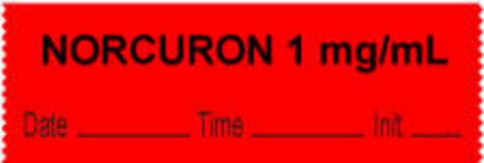 Anesthesia Tape with Date, Time & Initial (Removable) "Norcuron 1 mg/ml" 1/2" x 500" Fluorescent Red - 333 Imprints - 500 Inches per Roll