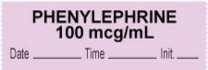 Anesthesia Tape with Date, Time & Initial (Removable) "Phenylephrine 100 mcg" 1/2" x 500" Violet - 333 Imprints - 500 Inches per Roll