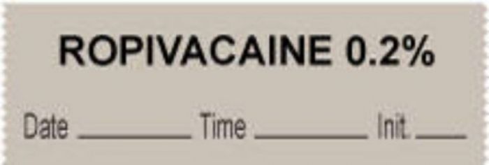 Anesthesia Tape with Date, Time & Initial (Removable) "Ropivacaine 0.2%" 1/2" x 500" Gray - 333 Imprints - 500 Inches per Roll