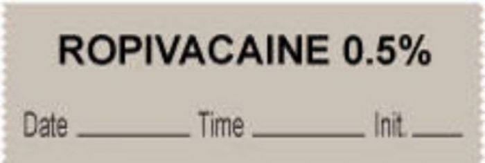 Anesthesia Tape with Date, Time & Initial (Removable) "Ropivacaine 0.5%" 1/2" x 500" Gray - 333 Imprints - 500 Inches per Roll