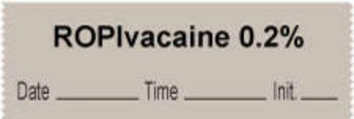 Anesthesia Tape with Date, Time & Initial | Tall-Man Lettering (Removable) "Ropivacaine 0.2%" 1/2" x 500" Gray - 333 Imprints - 500 Inches per Roll