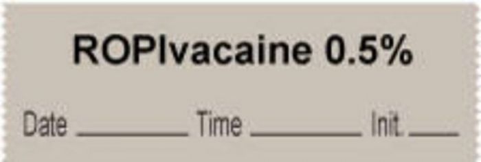 Anesthesia Tape with Date, Time & Initial | Tall-Man Lettering (Removable) "Ropivacaine 0.5%" 1/2" x 500" Gray - 333 Imprints - 500 Inches per Roll