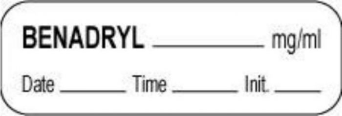 Anesthesia Label with Date, Time & Initial (Paper, Permanent) Benadryl mg/ml 1 1/2" x 1/2" White - 1000 per Roll