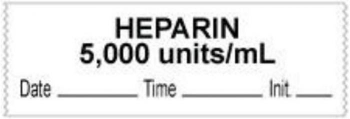 Anesthesia Tape with Date, Time & Initial (Removable) "Heparin 5000 Units/ml" 1/2" x 500" White - 333 Imprints - 500 Inches per Roll