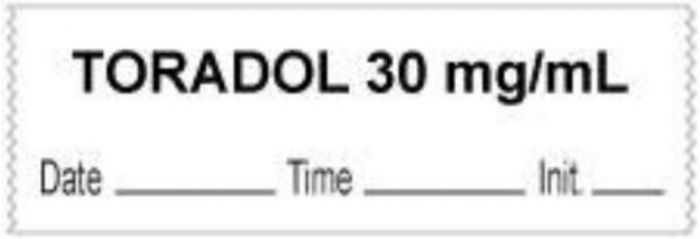 Anesthesia Tape with Date, Time & Initial (Removable) "Toradol 30 mg/ml" 1/2" x 500" White - 333 Imprints - 500 Inches per Roll