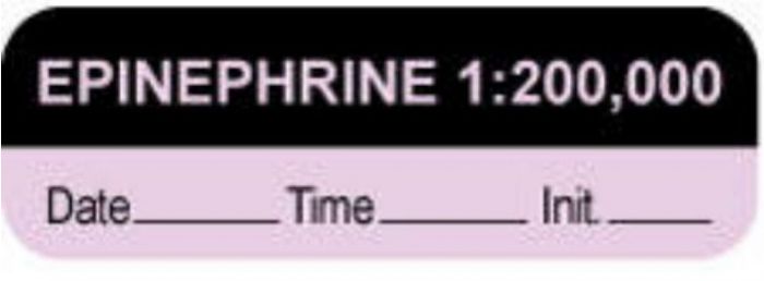 Anesthesia Label with Date, Time & Initial (Paper, Permanent) "Epinephrine 1:200,000" 1 1 1/2" x 1/2" Violet and Black - 1000 per Roll