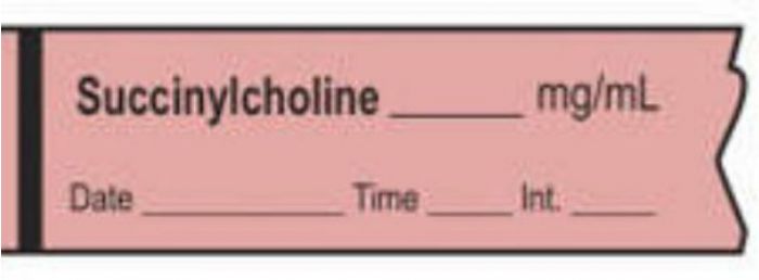 Anesthesia Tape with Date, Time & Initial (Removable) Succinylchonie mg/ml 1/2" x 500" - 333 Imprints - Fluorescent Red and Black - 500 Inches per Roll