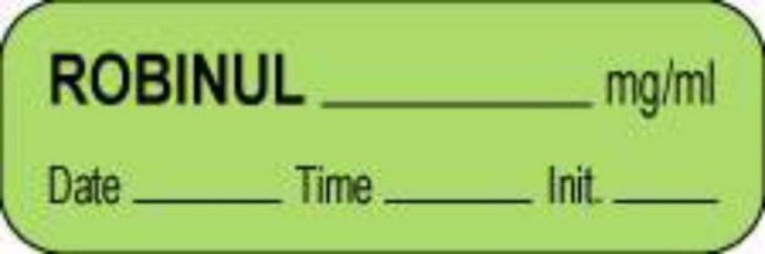 Anesthesia Label with Date, Time & Initial (Paper, Permanent) Robinul mg/ml 1 1/2" x 1/2" Green - 1000 per Roll