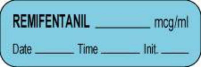 Anesthesia Label with Date, Time & Initial (Paper, Permanent) Remifentanil mcg/ml 1 1/2" x 1/2" Blue - 1000 per Roll