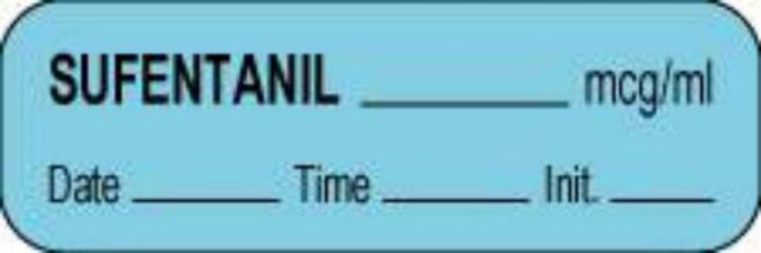 Anesthesia Label with Date, Time & Initial (Paper, Permanent) Sufentanil mcg/ml 1 1/2" x 1/2" Blue - 1000 per Roll